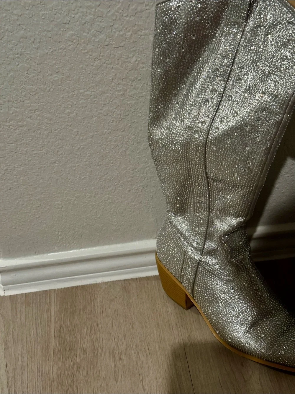 Sparkle Silver diamond Women's Knee-High Boots